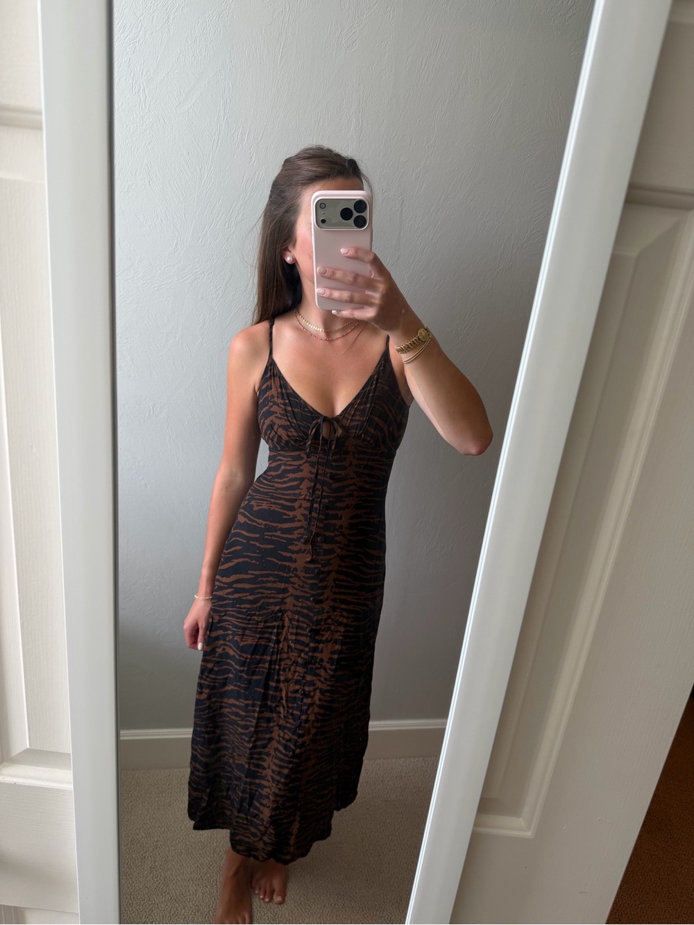 STAUD Brown and Black Tiger-Print Maxi Slip Dress